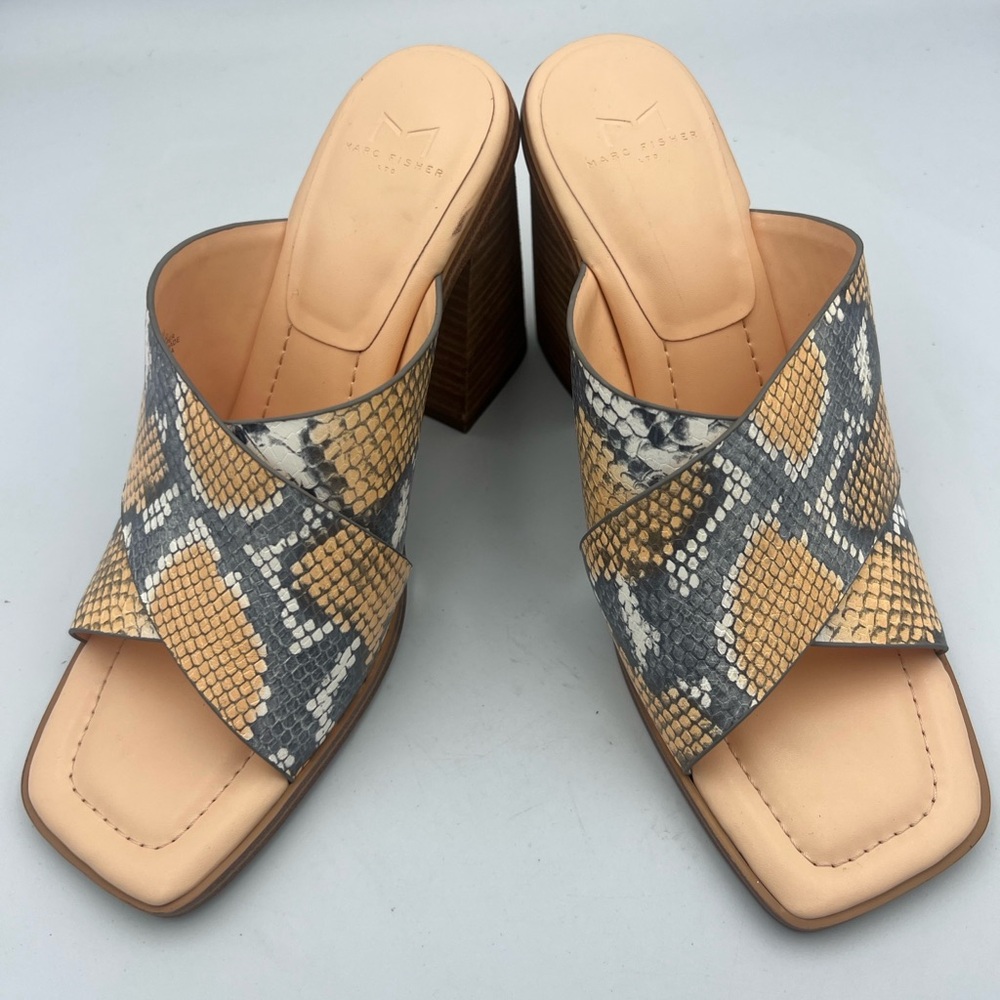 Marc Fisher Barli Slide Sandals Heeled Leather Snake Print Orange 9.5M NEW